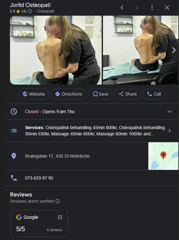 Google Business Profile integration showing clinic reviews and contact information