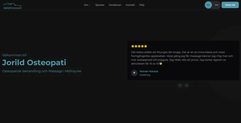 Hero section with clinic branding, practitioner photo, and appointment call-to-action