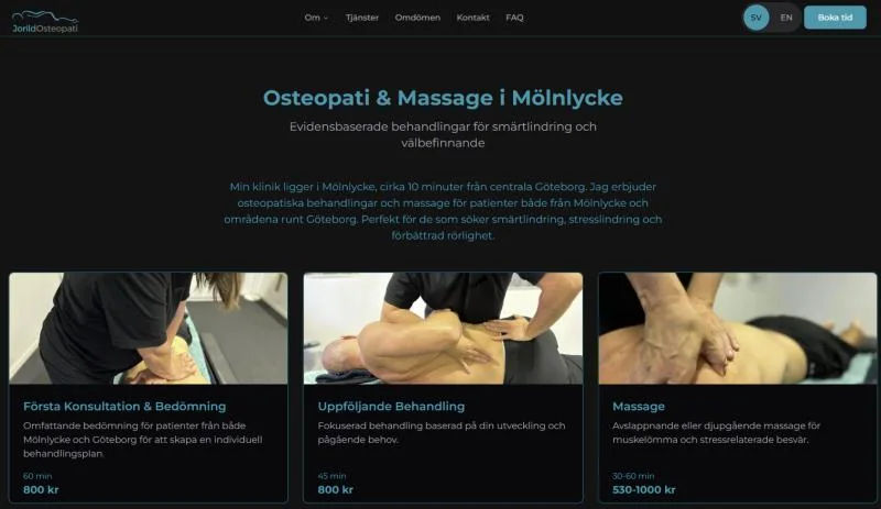 Services section listing osteopathy treatment options with descriptions