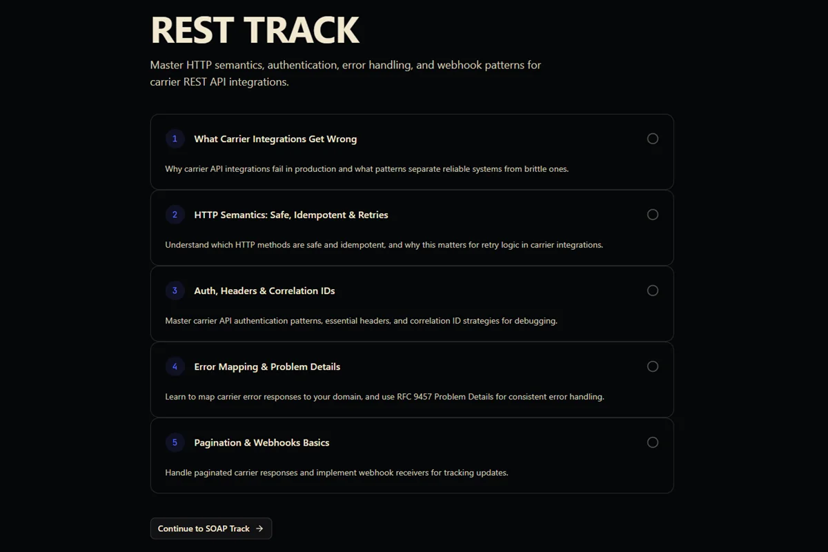REST or SOAP lesson interface showing code examples and exercises
